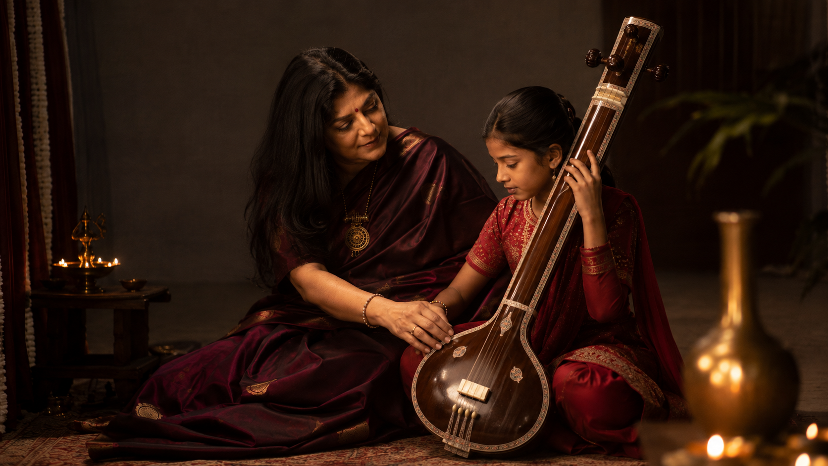 A guru guiding a young student on the tanpura